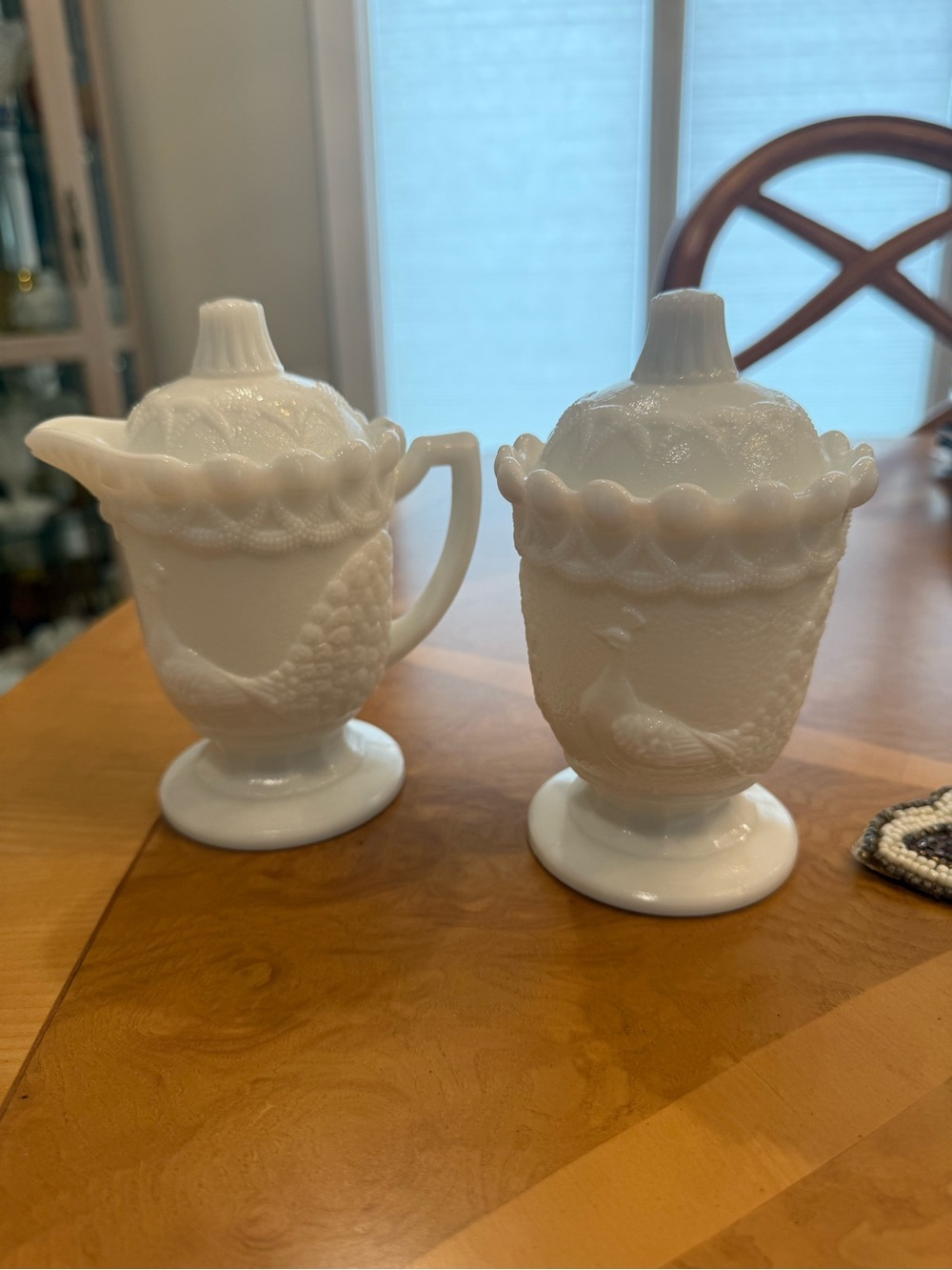 Vintage Westmoreland milk glass peacock sugar and creamer.